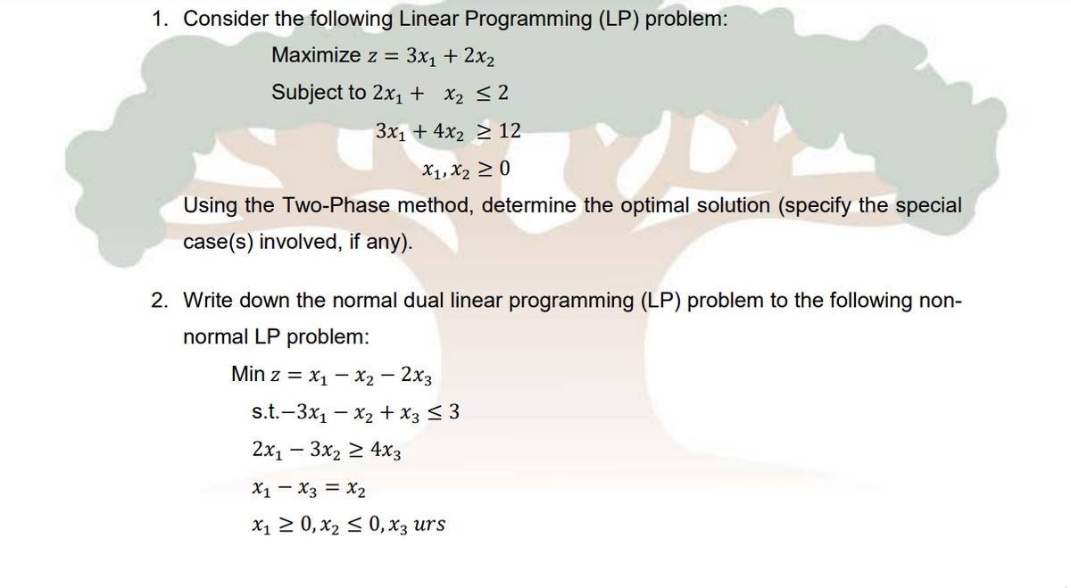 1. Consider the following Linear Programming (LP) problem:
Maximize z =
Зх, + 2х2
Subject to 2x, + x2 <2
Зх1 + 4x2 > 12
X1, X2 > 0
Using the Two-Phase method, determine the optimal solution (specify the special
case(s) involved, if any).
2. Write down the normal dual linear programming (LP) problem to the following non-
normal LP problem:
Min z = x1 – X2 – 2x3
s.t.-3x1 – x2 + X3 < 3
2x1 – 3x2 2 4x3
X1 – X3 = X2
X1 > 0, x2 < 0, xz urs
