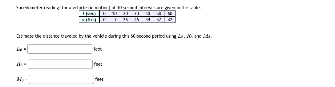 Speedometer readings for a vehicle (in motion) at 10-second intervals are given in the table.
0| 10
t (sec)
v (ft/s)
20 | 30
40
50
60
7
26
46
59
57
42
Estimate the distance traveled by the vehicle during this 60-second period using L6, R6 and M3.
L6 =
feet
R6 =
feet
M3 =
feet
