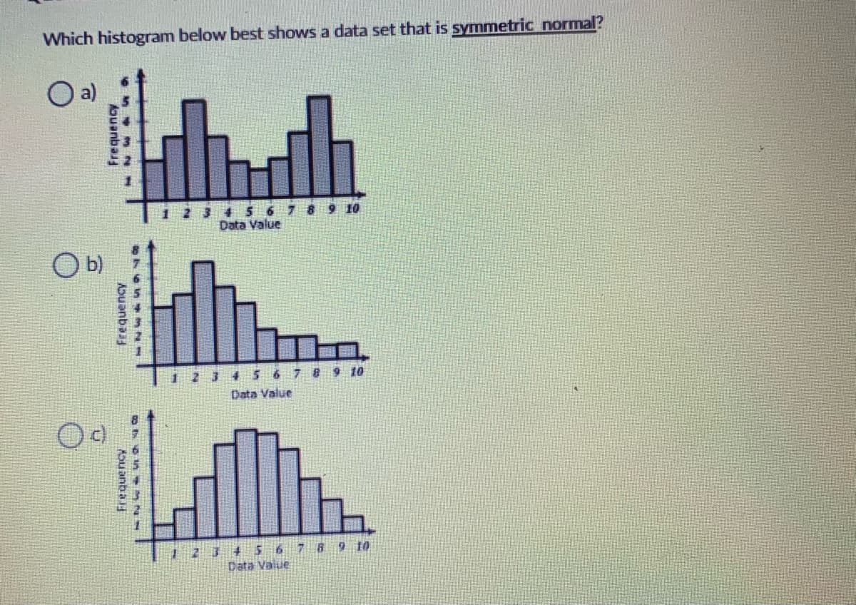 Which histogram below best shows a data set that is symmetric normal?
a)
2 3 45 6 7 8 9 10
Data Value
O b)
1234 5 6 789 10
Data Value
123456 7 8 9 10
Data Value
Aouanba
Aouanb a

