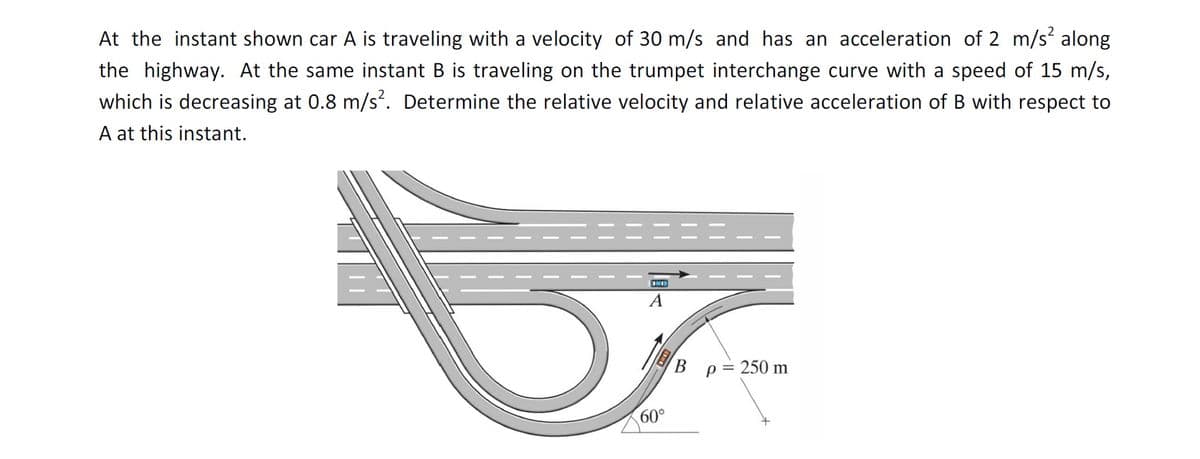 At the instant shown car A is traveling with a velocity of 30 m/s and has an acceleration of 2 m/s along
the highway. At the same instant B is traveling on the trumpet interchange curve with a speed of 15 m/s,
which is decreasing at 0.8 m/s. Determine the relative velocity and relative acceleration of B with respect to
A at this instant.
A
B p= 250 m
60°
