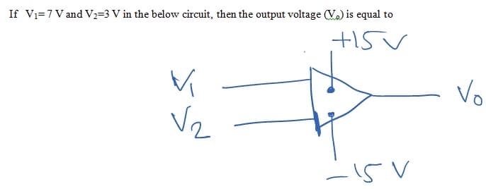 If V1=7 V and V;=3 V in the below circuit, then the output voltage (V.) is equal to
+15V
Vo
Vz
-15V
