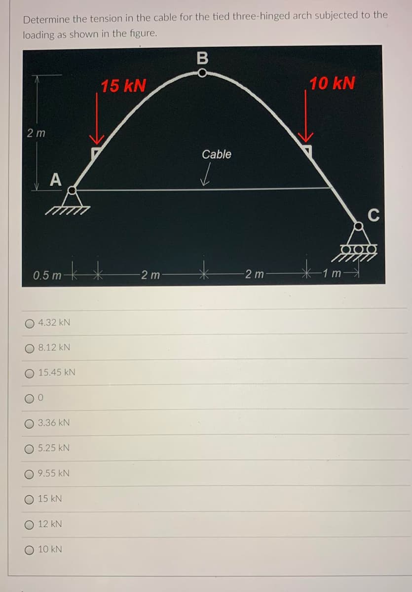 Determine the tension in the cable for the tied three-hinged arch subjected to the
loading as shown in the figure.
15 kN
10 kN
2 m
Cable
A
C
0.5 m
-2 m
2 m
-1 m
O 4.32 kN
O 8.12 kN
15.45 kN
3.36 kN
O 5.25 kN
9.55 kN
O 15 kN
12 kN
O 10 kN
