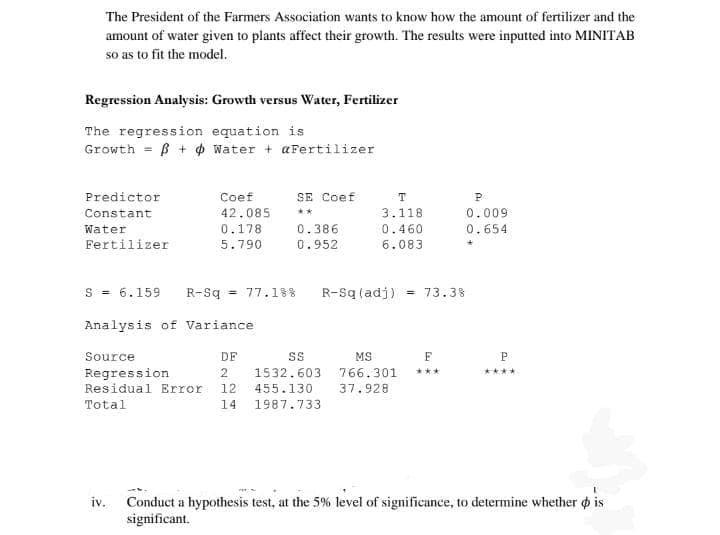 The President of the Farmers Association wants to know how the amount of fertilizer and the
amount of water given to plants affect their growth. The results were inputted into MINITAB
so as to fit the model.
Regression Analysis: Growth versus Water, Fertilizer
The regression equation is
Growth = B + $ Water + aFertilizer
Predictor
Coef
SE Coef
T
P.
Constant
42.085
**
3.118
0.009
Water
0.178
0.386
0.460
0.654
Fertilizer
5.790
0.952
6.083
s = 6.159
R-Sq = 77.1%8
R-Sq (adj) - 73.3%
Analysis of Variance
Source
DF
MS
F
P
Regression
Residual Error 12
2
1532.603
766.301
37.928
***
****
455.130
Total
14
1987.733
Conduct a hypothesis test, at the 5% level of significance, to determine whether o is
significant.
iv.
