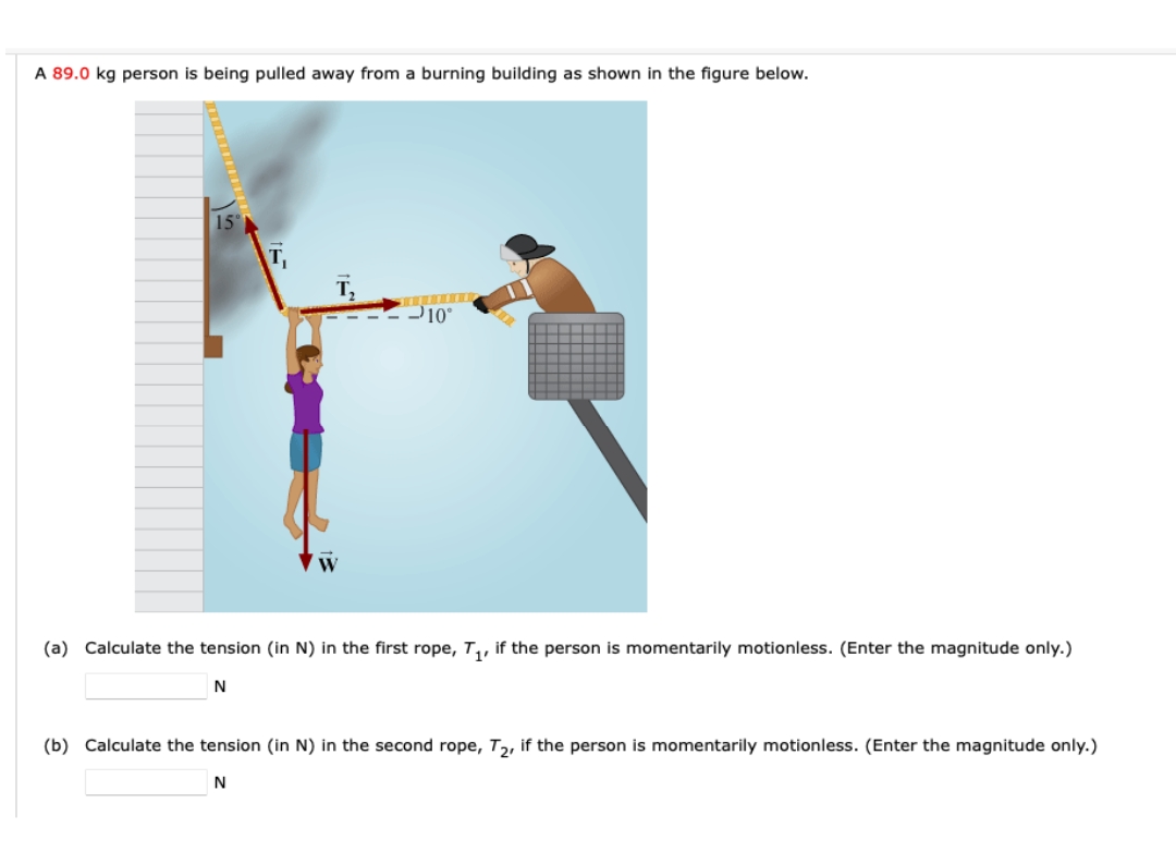 A 89.0 kg person is being pulled away from a burning building as shown in the figure below.
-10°
(a) Calculate the tension (in N) in the first rope, T₁, if the person is momentarily motionless. (Enter the magnitude only.)
N
(b) Calculate the tension (in N) in the second rope, T₂, if the person is momentarily motionless. (Enter the magnitude only.)
N