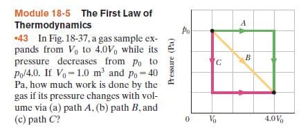 Module 18-5 The First Law of
Thermodynamics
•43 In Fig. 18-37, a gas sample ex-
pands from Vo to 4.0Vo while its
pressure decreases from Po to
Po/4.0. If Vo =1.0 m³ and Po = 40
Pa, how much work is done by the
gas if its pressure changes with vol-
ume via (a) path A, (b) path B, and
(c) path C?
%3!
V%
4.0V,
Pressure (Pa)
