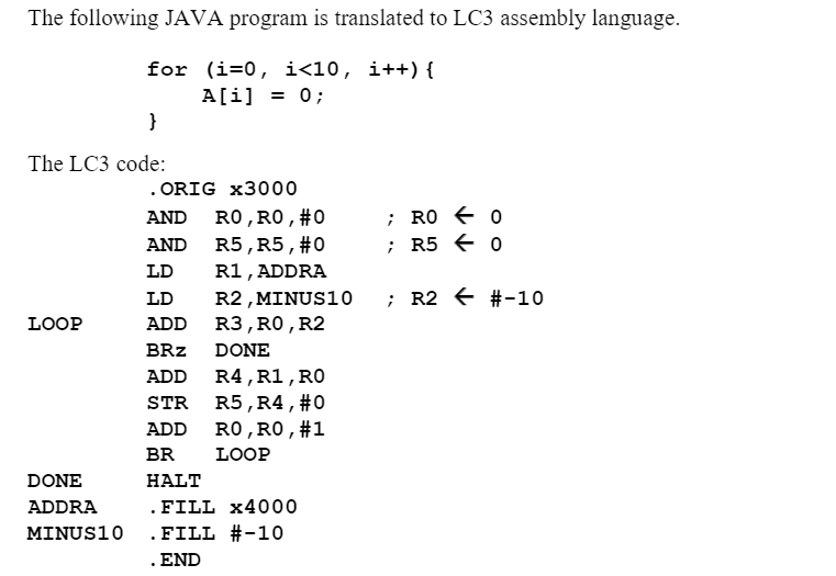 The following JAVA program is translated to LC3 assembly language.
for (i=0, i<10, i++) {
A[i] = 0;
}
The LC3 code:
. ORIG x3000
; RO € 0
; R5 € 0
RO,RO,#0
R5, R5,#0
R1, ADDRA
R2 , MINUS10
R3,R0,R2
AND
AND
LD
LD
; R2 € #-10
LOOP
ADD
BRz
DONE
R4, R1,RO
R5, R4, #0
ADD
STR
ADD
RO,RO,#1
BR
LOOP
DONE
HALT
ADDRA
.FILL x4000
.FILL #-10
. END
MINUS10
