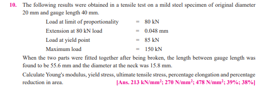 10. The following results were obtained in a tensile test on a mild steel specimen of original diameter
20 mm and gauge length 40 mm.
Load at limit of proportionality
80 kN
Extension at 80 kN load
0.048 mm
Load at yield point
85 kN
Maximum load
150 kN
When the two parts were fitted together after being broken, the length between gauge length was
found to be 55.6 mm and the diameter at the neck was 15.8 mm.
Calculate Young's modulus, yield stress, ultimate tensile stress, percentage elongation and percentage
[Ans. 213 kN/mm2; 270 N/mm²; 478 N/mm²; 39%; 38%]
reduction in area.
