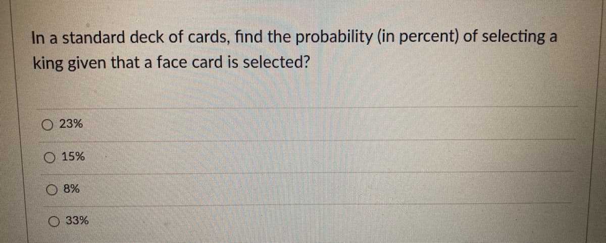 In a standard deck of cards, find the probability (in percent) of selecting a
king given that a face card is selected?
23%
15%
8%
33%
