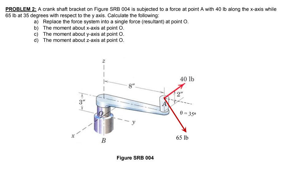 PROBLEM 2: A crank shaft bracket on Figure SRB 004 is subjected to a force at point A with 40 lb along the x-axis while
65 lb at 35 degrees with respect to the y axis. Calculate the following:
a) Replace the force system into a single force (resultant) at point O.
b) The moment about x-axis at point O.
c) The moment about y-axis at point O.
d) The moment about z-axis at point O.
3"
B
8"
- y
Figure SRB 004
40 lb
2"
0 = 35⁰
65 lb