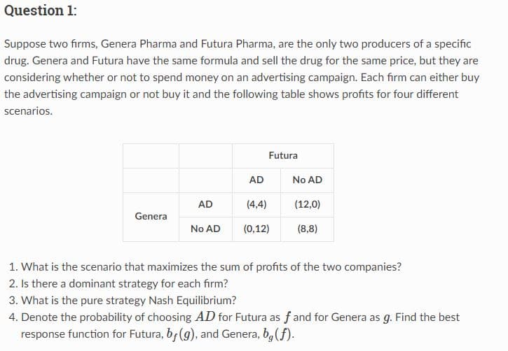 Question 1:
Suppose two firms, Genera Pharma and Futura Pharma, are the only two producers of a specific
drug. Genera and Futura have the same formula and sell the drug for the same price, but they are
considering whether or not to spend money on an advertising campaign. Each firm can either buy
the advertising campaign or not buy it and the following table shows profits for four different
scenarios.
Genera
AD
No AD
AD
Futura
(4,4)
(0,12)
No AD
(12,0)
(8,8)
1. What is the scenario that maximizes the sum of profits of the two companies?
2. Is there a dominant strategy for each firm?
3. What is the pure strategy Nash Equilibrium?
4. Denote the probability of choosing AD for Futura as f and for Genera as g. Find the best
response function for Futura, b, (g), and Genera, b, (f).