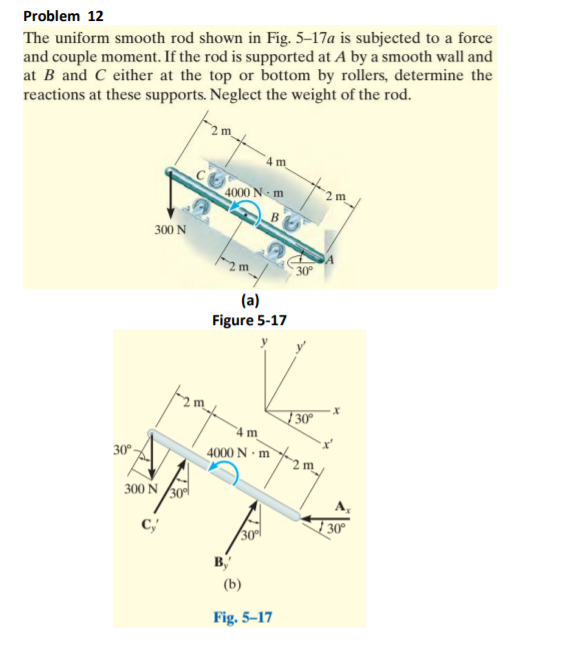 Problem 12
The uniform smooth rod shown in Fig. 5–17a is subjected to a force
and couple moment. If the rod is supported at A by a smooth wall and
at B and C either at the top or bottom by rollers, determine the
reactions at these supports. Neglect the weight of the rod.
4 m
4000 N m
B
300 N
2 m
30
(a)
Figure 5-17
30
4 m
30°
4000 N - m
300 Ñ /30
A,
B,
(b)
Fig. 5–17
