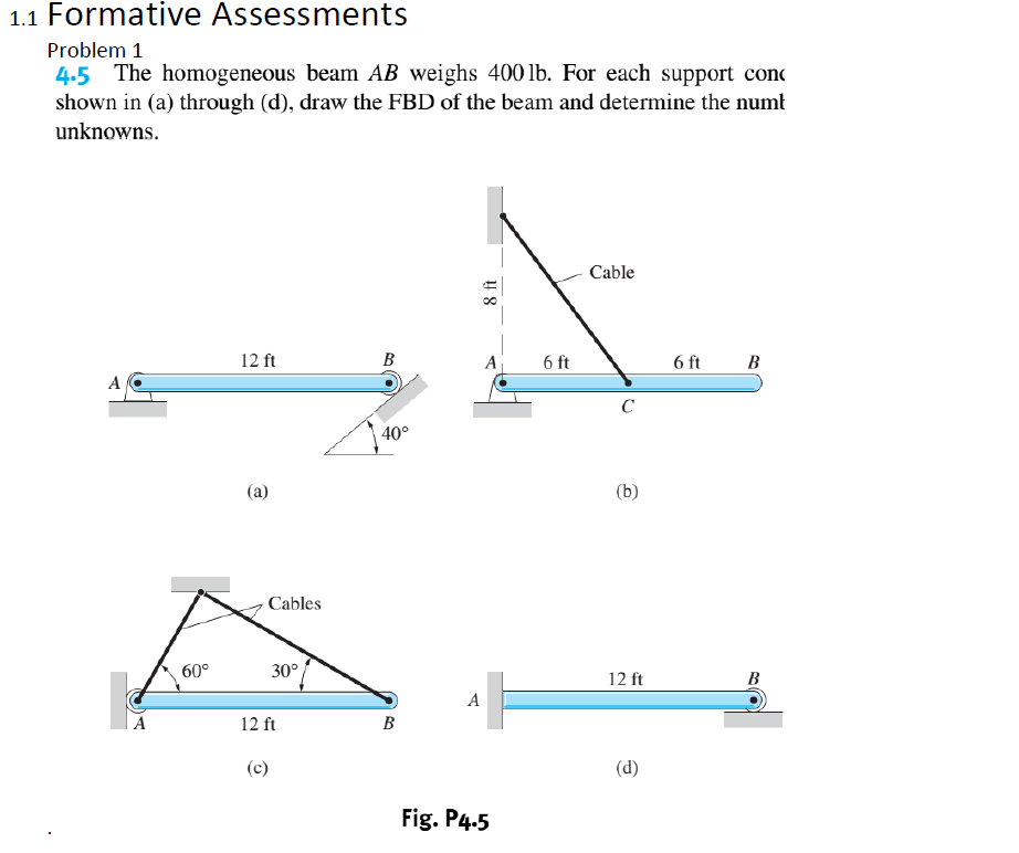 1.1 Formative Assessments
Problem 1
4.5 The homogeneous beam AB weighs 400lb. For each support conc
shown in (a) through (d), draw the FBD of the beam and determine the numt
unknowns.
Cable
12 ft
B
A
6 ft
6 ft
B
A
C
40°
(а)
(b)
Cables
60°
30°
12 ft
B
A
12 ft
В
(c)
(d)
Fig. P4.5
