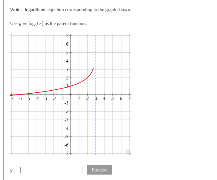 Write a logarithmic equation corresponding to the graph shown.
Use y = log; (x) as the parent function.
6+
5-
4-
2-
-7 -6 -5 4 -3 -2 -1
-1
2 3 4 5 6 7
-2
-3-
4-
-5-
-6-
Preview
1.
3.
