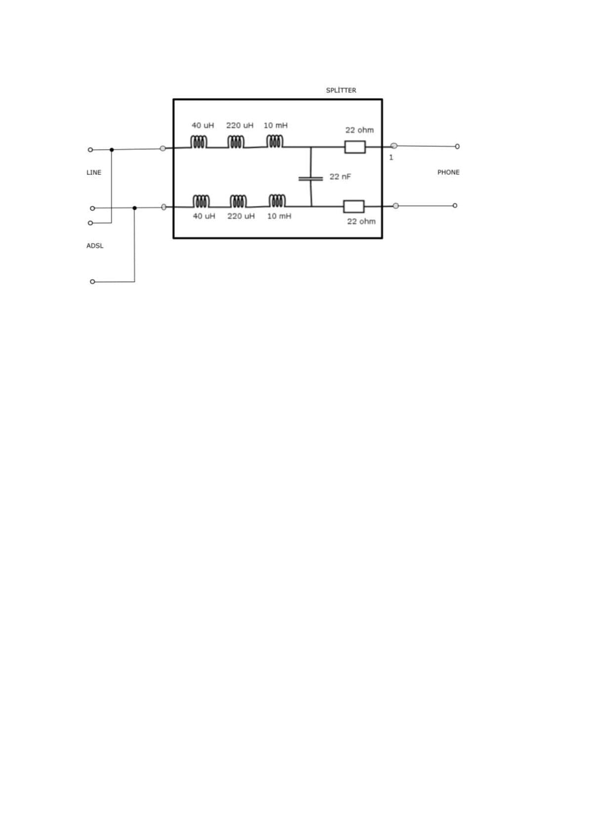 SPLITTER
40 uH
220 uH
10 mH
22 ohm
LINE
PHONE
22 nF
40 uH
220 uH
10 mH
22 ohm
ADSL
