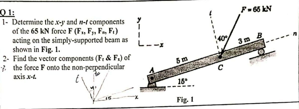 Q 1:
1- Determine the x-y and n-t components
of the 65 kN force F (F1, Fy, Fn, F1)
acting on the simply-supported beam as
shown in Fig. 1.
2- Find the vector components (F: & F;) of
; the force F onto the non-perpendicular
axis x-t.
F= 65 kN
40
B
3 m
5 m
16°
15
X-
Fig. 1
