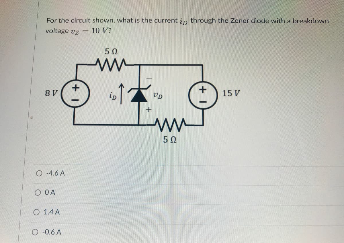 For the circuit shown, what is the current ip through the Zener diode with a breakdown
voltage vz = 10 V?
5Ω
+
8 V
ip
VD
15 V
5Ω
-4.6 A
O OA
1.4 A
O -0.6 A
