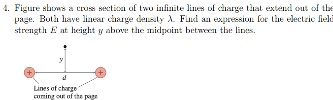 4. Figure shows a cross section of two infinite lines of charge that extend out of the
page. Both have linear charge density A. Find an expression for the electric field
strength E at height y above the midpoint between the lines.
+
d
Lines of charge
coming out of the page