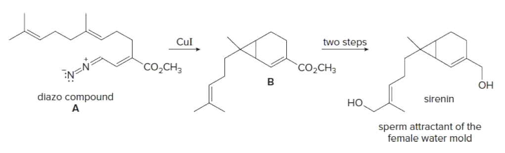 Cul
two steps
N=N
`Co,CH3
"CО-CHЗ
diazo compound
ОН
но.
sirenin
sperm attractant of the
female water mold
