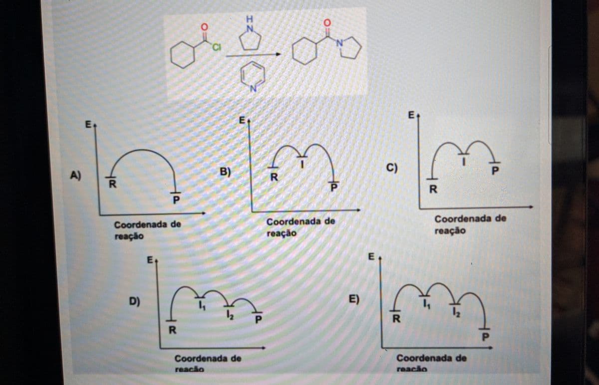 H.
N.
of
N.
E+
E
B)
C)
P.
A)
R.
R.
P.
Coordenada de
Coordenada de
Coordenada de
reação
reação
reação
E
E
D)
E)
P.
R.
P.
Coordenada de
Coordenada de
reacão
reacão
