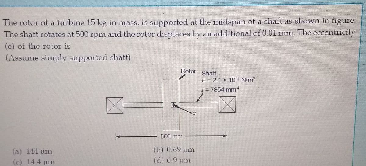 The rotor of a turbine 15 kg in mass, is supported at the midspan of a shaft as shown in figure.
The shaft rotates at 500 rpm and the rotor displaces by an additional of 0.01 mm. The eccentricity
(e) of the rotor is
(Assume simply supported shaft)
Rotor
Shaft
E= 2.1 × 1011 N/m2
I= 7854 mm4
500 mm
(a) 144 um
(b) 0.69 um
(c) 14.4 pmn
(d) 6.9 um
