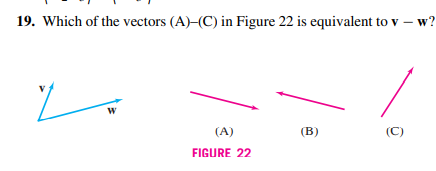 19. Which of the vectors (A)–(C) in Figure 22 is equivalent to v – w?
(A)
(B)
(C)
FIGURE 22
