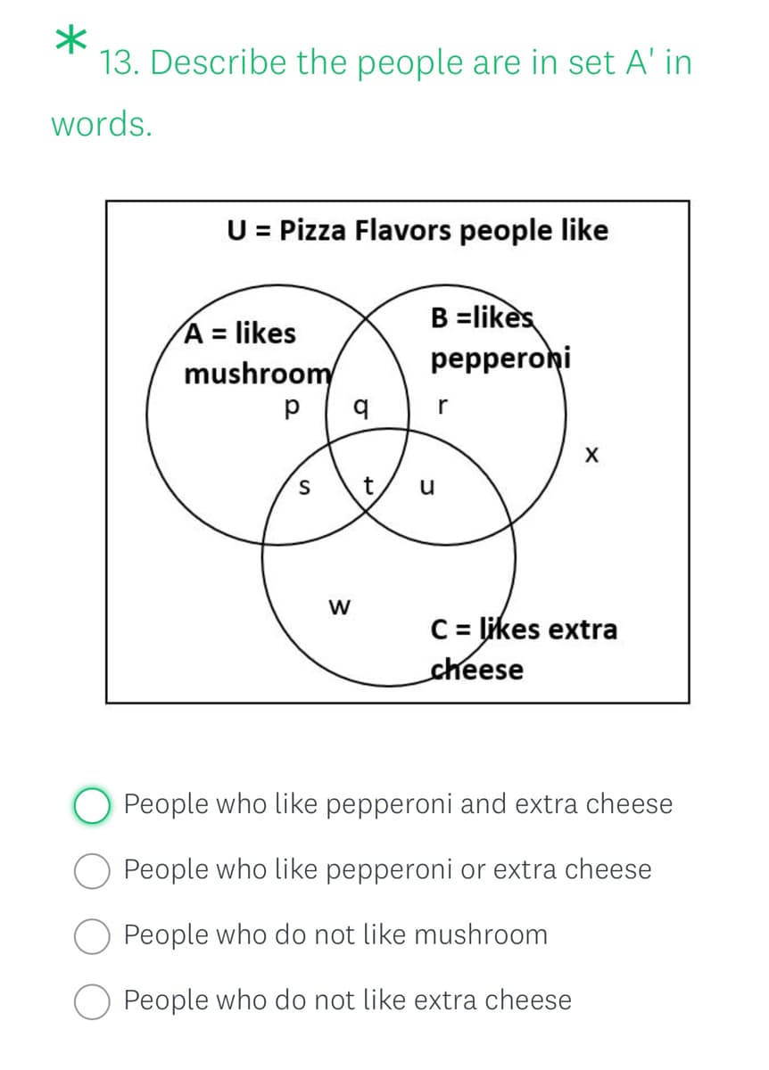 13. Describe the people are in set A' in
words.
U = Pizza Flavors people like
A = likes
mushroom
B =likes
реpperohi
%3D
r
S
t/
u
W
C = likes extra
cheese
People who like pepperoni and extra cheese
People who like pepperoni or extra cheese
People who do not like mushroom
O People who do not like extra cheese
