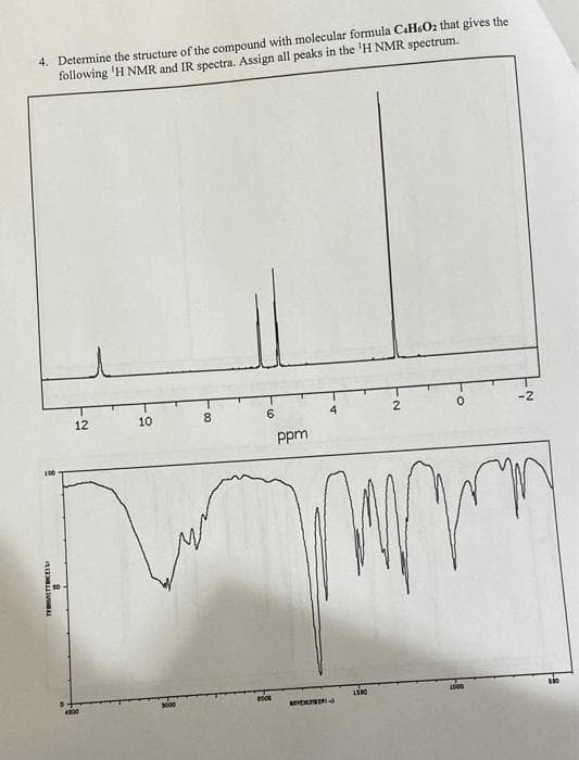 4. Determine the structure of the compound with molecular formula CAH6O2 that gives the
following 'H NMR and IR spectra. Assign all peaks in the 'H NMR spectrum.
12
10
8.
6.
4
-2
ppm
4800
1000
2.
itia L
