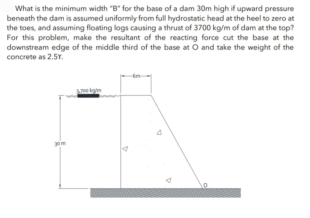 What is the minimum width "B" for the base of a dam 30m high if upward pressure
beneath the dam is assumed uniformly from full hydrostatic head at the heel to zero at
the toes, and assuming floating logs causing a thrust of 3700 kg/m of dam at the top?
For this problem, make the resultant of the reacting force cut the base at the
downstream edge of the middle third of the base at O and take the weight of the
concrete as 2.5Y.
30 m
3,700 kg/m
D
-6m-
O