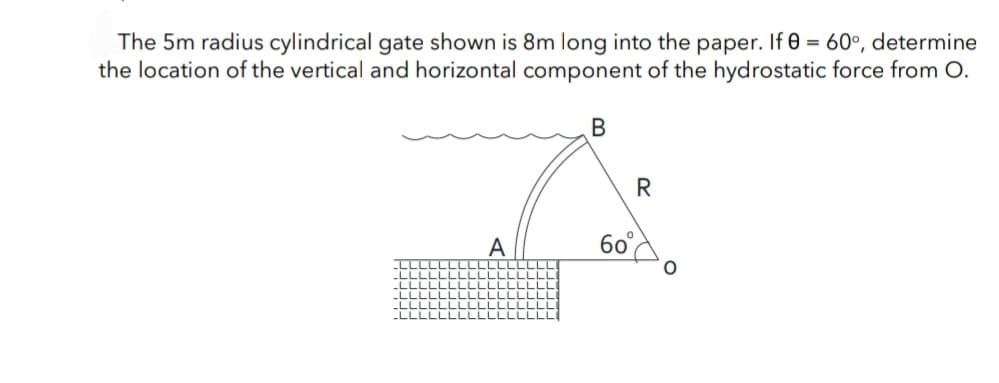 The 5m radius cylindrical gate shown is 8m long into the paper. If 0 = 60°, determine
the location of the vertical and horizontal component of the hydrostatic force from O.
B
60
R