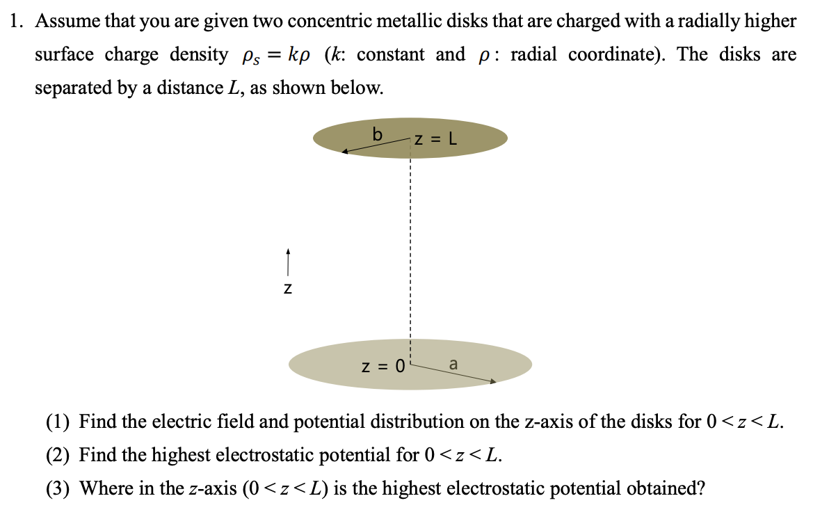 1. Assume that you are given two concentric metallic disks that are charged with a radially higher
surface charge density ps = kp (k: constant and p: radial coordinate). The disks are
%3D
separated by a distance L, as shown below.
Z = L
!
z = 0
a
(1) Find the electric field and potential distribution on the z-axis of the disks for 0<z<L.
(2) Find the highest electrostatic potential for 0<z<L.
(3) Where in the z-axis (0 <z<L) is the highest electrostatic potential obtained?
