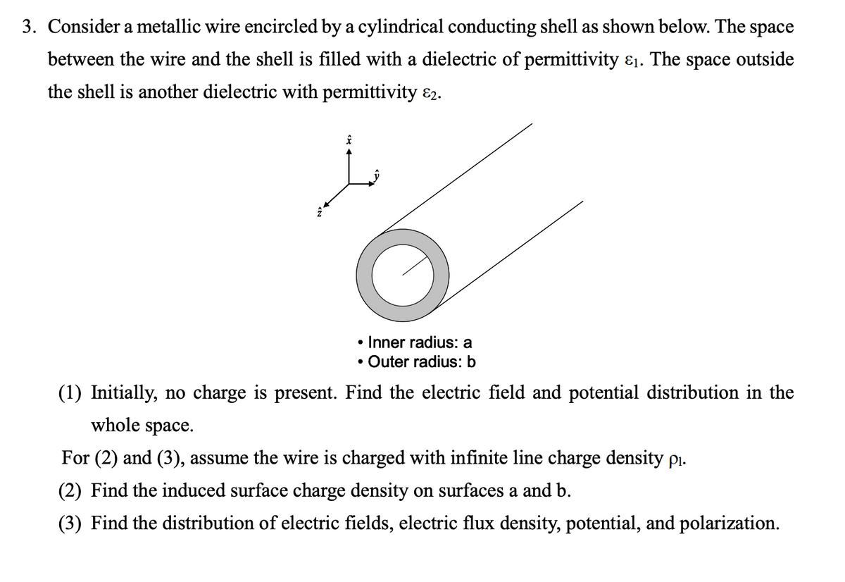 3. Consider a metallic wire encircled by a cylindrical conducting shell as shown below. The space
between the wire and the shell is filled with a dielectric of permittivity ɛ1. The space outside
the shell is another dielectric with permittivity E2.
• Inner radius: a
• Outer radius: b
(1) Initially, no charge is present. Find the electric field and potential distribution in the
whole space.
For (2) and (3), assume the wire is charged with infinite line charge density pi.
(2) Find the induced surface charge density on surfaces a and b.
(3) Find the distribution of electric fields, electric flux density, potential, and polarization.
