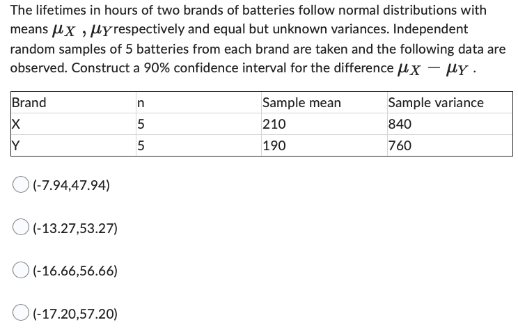 The lifetimes in hours of two brands of batteries follow normal distributions with
means x, y respectively and equal but unknown variances. Independent
random samples of 5 batteries from each brand are taken and the following data are
observed. Construct a 90% confidence interval for the difference X - μy.
Brand
X
Y
(-7.94,47.94)
(-13.27,53.27)
(-16.66,56.66)
(-17.20,57.20)
n
5
5
Sample mean
210
190
Sample variance
840
760