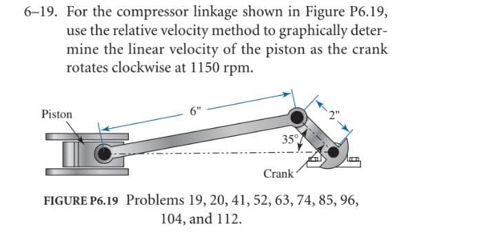 6–19. For the compressor linkage shown in Figure P6.19,
use the relative velocity method to graphically deter-
mine the linear velocity of the piston as the crank
rotates clockwise at 1150 rpm.
Piston
6"
35°
Crank
FIGURE P6.19 Problems 19, 20, 41, 52, 63, 74, 85, 96,
104, and 112.
