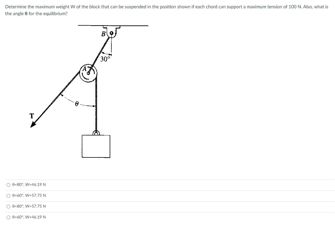 Determine the maximum weight W of the block that can be suspended in the position shown if each chord can support a maximum tension of 100 N. Also, what is
the angle 0 for the equilibrium?
30°
T
O e=80°, W=46.19 N
O e=60°, W=57,75 N
O e=80°, W=57.75 N
O e=60°, W=46.19 N
