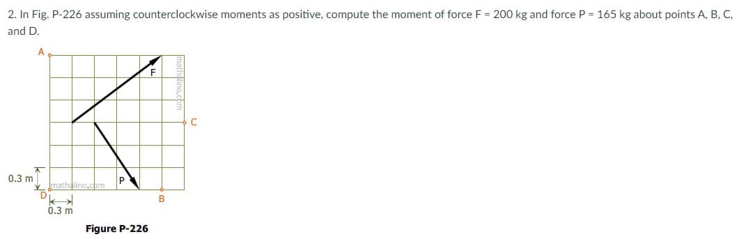 2. In Fig. P-226 assuming counterclockwise moments as positive, compute the moment of force F = 200 kg and force P = 165 kg about points A, B, C,
and D.
C
0.3 m
Imathalino.com
P
B
0.3 m
Figure P-226
