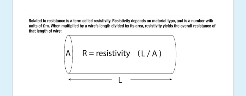 Related to resistance is a term called resistivity. Resistivity depends on material type, and is a number with
units of Am. When multiplied by a wire's length divided by its area, resistivity yields the overall resistance of
that length of wire:
A
R = resistivity
(L/A)
L
