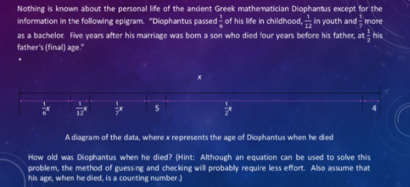 Nothing is known about the personal life of the ancient Greek mathematician Diophantus except for the
information in the following epigram. "Diophantus passed of his life in childhood, in youth and more
as a bachelor. Five years after his marriage was born a son who died four years before his father, at his
father's (final) age."
5
12
A diagram of the data, where x represents the age of Diophantus when he died
How old was Diophantus when he died? (Hint: Although an equation can be used to solve this
problem, the method of guessing and checking will probably require less effort. Also assume that
his age, when he died, is a counting number.)
