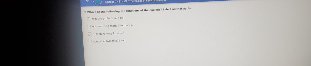 Science 7- S1 - MI / The Basics of Cells / Lessu
5. Which of the following are functions of the nucleus? Select all that apply.
O produce proteins in a cell
O enclose the genetic information
O provide energy for a cell
O control activities of a cell
