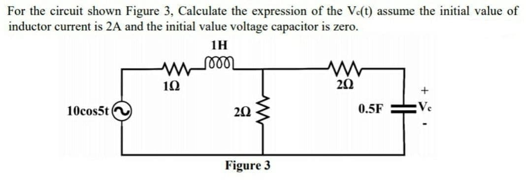 For the circuit shown Figure 3, Calculate the expression of the V«(t) assume the initial value of
inductor current is 2A and the initial value voltage capacitor is zero.
1H
10
20
10cos5t
20
0.5F
Ve
Figure 3
