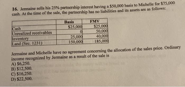 16. Jermaine sells his 25% partnership interest having a $50,000 basis to Michelle for $75,000
cash. At the time of the sale, the partnership has no liabilities and its assets are as follows:
Basis
FMV
Cash
Unrealized receivables
Inventory
Land (Sec. 1231)
$25,000
25,000
150,000
$25,000
50,000
40,000
185,000
Jermaine and Michelle have no agreement concerning the allocation of the sales price. Ordinary
income recognized by Jermaine as a result of the sale is
A) $6,250.
B) $12,500.
C) $16,250.
D) $22,500.
