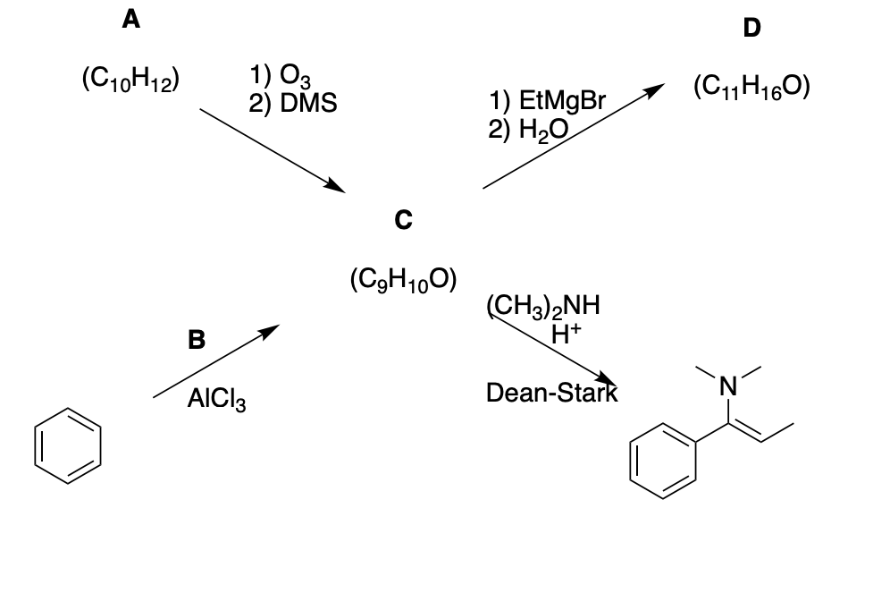 A
1) O3
2) DMS
(C10H12)
(C1H160)
1) EtMgBr
2) Hао
(C3H100)
(CH3)2NH
H+
В
AICI3
Dean-Stark
