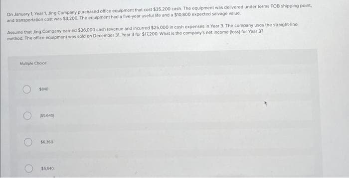 On January 1, Year 1, Jing Company purchased office equipment that cost $35,200 cash. The equipment was delivered under terms FOB shipping point,
and transportation cost was $3,200. The equipment had a five-year useful life and a $10,800 expected salvage value.
Assume that Jing Company earned $36,000 cash revenue and incurred $25,000 in cash expenses in Year 3. The company uses the straight-line
method. The office equipment was sold on December 31, Year 3 for $17,200. What is the company's net income (loss) for Year 3?
Mutiple Cholce
$840
(55.040)
$6.360
$5,640
