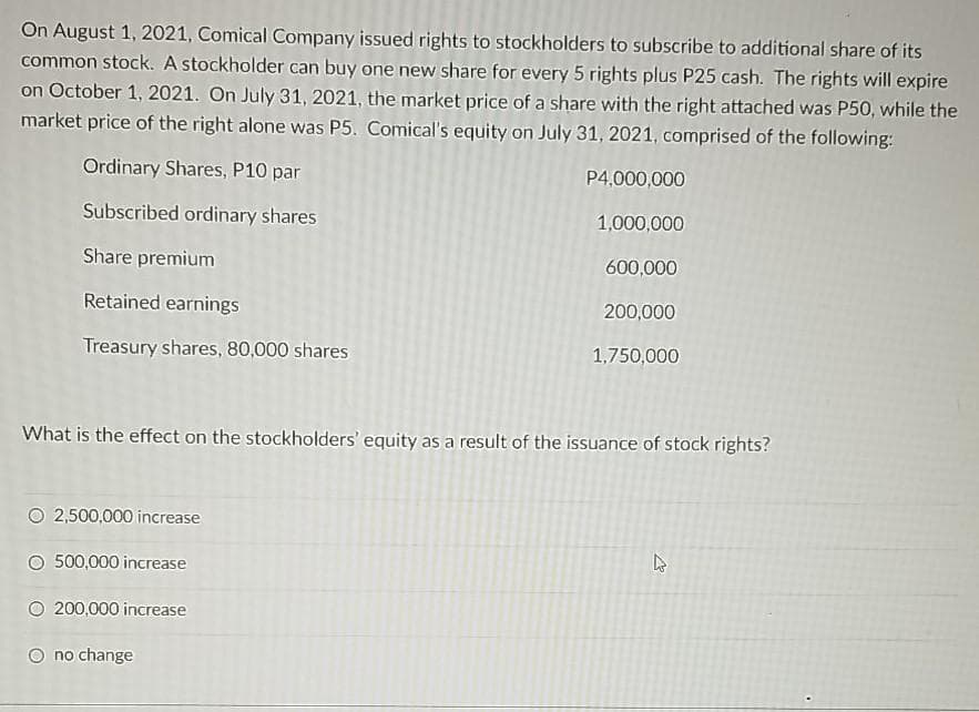 On August 1, 2021, Comical Company issued rights to stockholders to subscribe to additional share of its
common stock. A stockholder can buy one new share for every 5 rights plus P25 cash. The rights will expire
on October 1, 2021. On July 31, 2021, the market price of a share with the right attached was P50, while the
market price of the right alone was P5. Comical's equity on July 31, 2021, comprised of the following:
Ordinary Shares, P10 par
P4,000,000
Subscribed ordinary shares
1,000,000
Share premium
600,000
Retained earnings
200,000
Treasury shares, 80,000 shares
1,750,000
What is the effect on the stockholders' equity as a result of the issuance of stock rights?
2,500,000 increase
O 500,000 increase
O 200,000 increase
O no change
