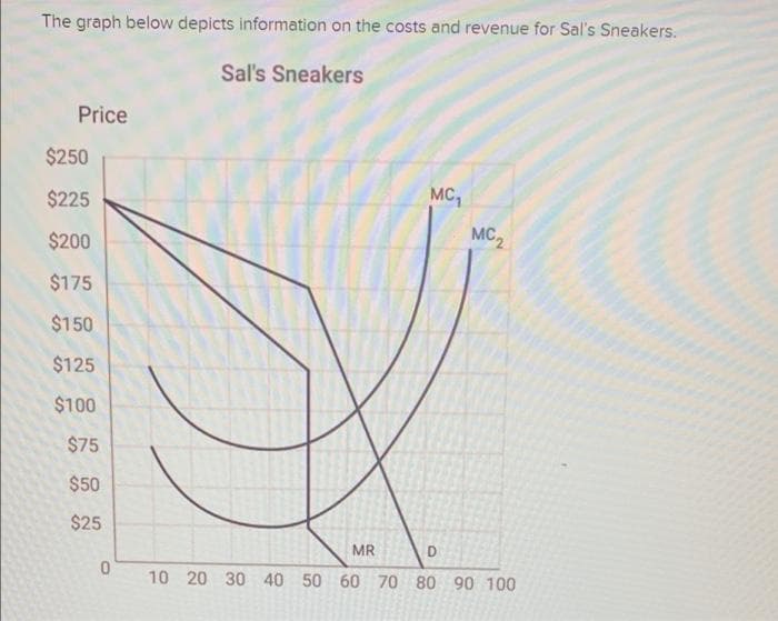 The graph below depicts information on the costs and revenue for Sal's Sneakers.
Sal's Sneakers
Price
$250
MC,
$225
MC2
$200
$175
$150
$125
$100
$75
$50
$25
MR
D
10 20 30 40 50 60 70 80 90 100
