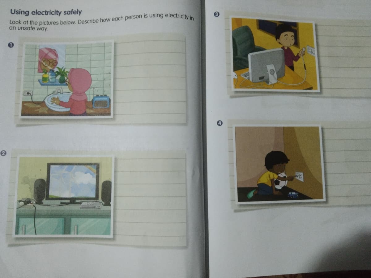 Using electricity safely
Look at the pictures below. Describe how each person is Using electricity in
an unsafe way.

