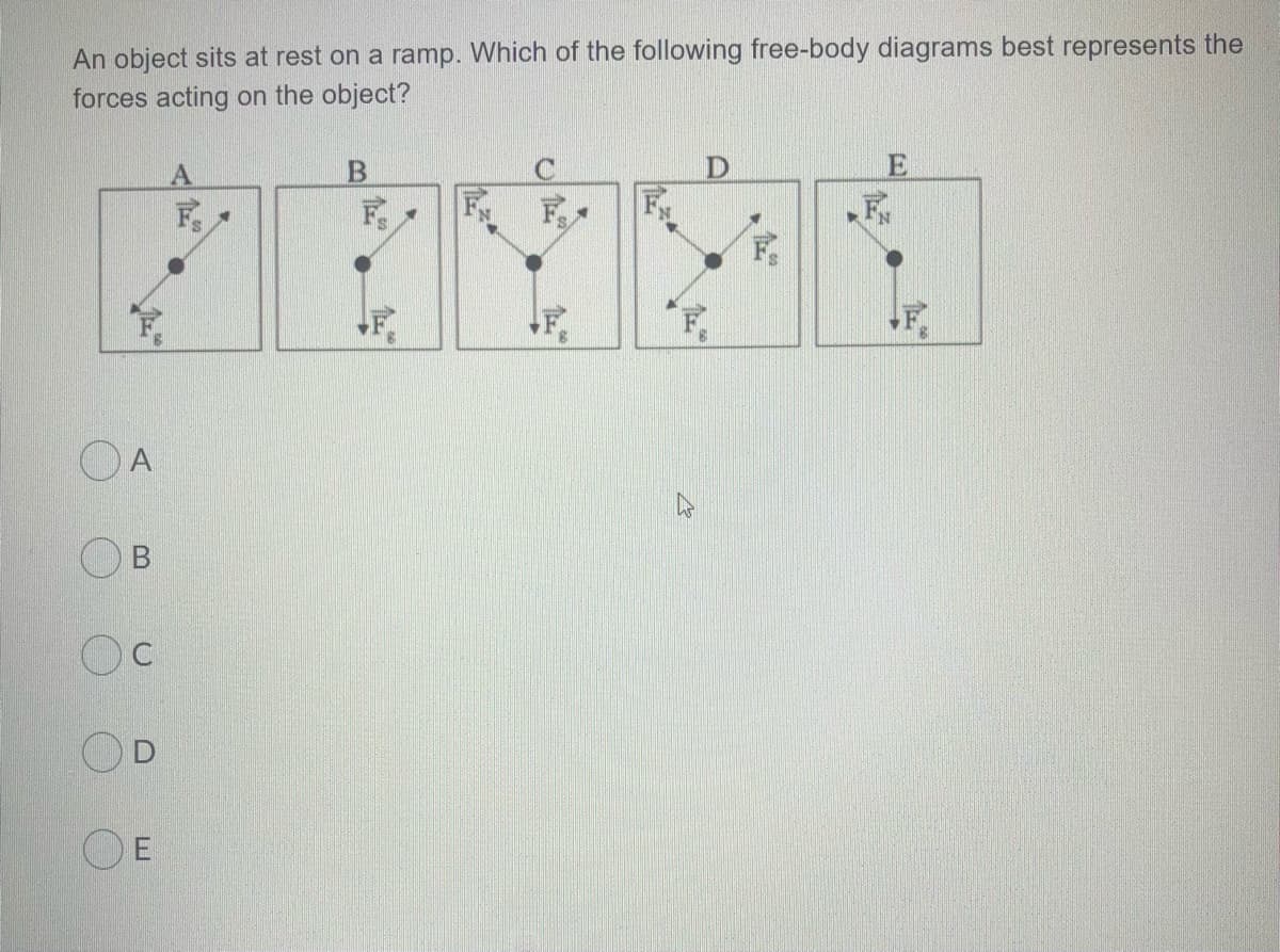 An object sits at rest on a ramp. Which of the following free-body diagrams best represents the
forces acting on the object?
F
F
A
Oc
OD
