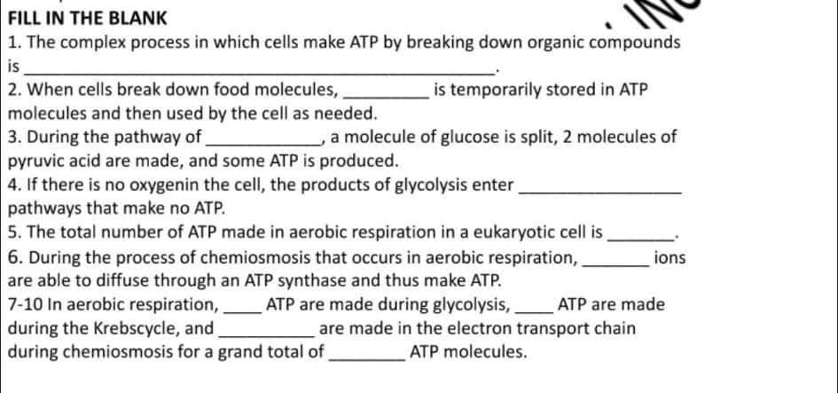 FILL IN THE BLANK
1. The complex process in which cells make ATP by breaking down organic compounds
is
2. When cells break down food molecules,
molecules and then used by the cell as needed.
3. During the pathway of.
pyruvic acid are made, and some ATP is produced.
4. If there is no oxygenin the cell, the products of glycolysis enter
pathways that make no ATP.
5. The total number of ATP made in aerobic respiration in a eukaryotic cell is
is temporarily stored in ATP
a molecule of glucose is split, 2 molecules of
6. During the process of chemiosmosis that occurs in aerobic respiration,
are able to diffuse through an ATP synthase and thus make ATP.
7-10 In aerobic respiration,
during the Krebscycle, and
during chemiosmosis for a grand total of
ions
ATP are made during glycolysis,
ATP are made
are made in the electron transport chain
ATP molecules.
