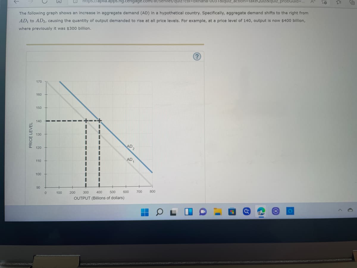 https://apila.apps.ng.cengage.com/at/servlet/quiz?ctx=bkhana-0031&quiz_action=takeQuiz&quiz_probGuid=...
To
The following graph shows an increase in aggregate demand (AD) in a hypothetical country. Specifically, aggregate demand shifts to the right from
AD₁ to AD2, causing the quantity of output demanded to rise at all price levels. For example, at a price level of 140, output is now $400 billion,
where previously it was $300 billion.
?
170
160
150
140
I
1
130
120
110
100
90
PRICE LEVEL
0
100
I
600
200 300 400 500
OUTPUT (Billions of dollars)
AD
AD₁
700
800
#
O