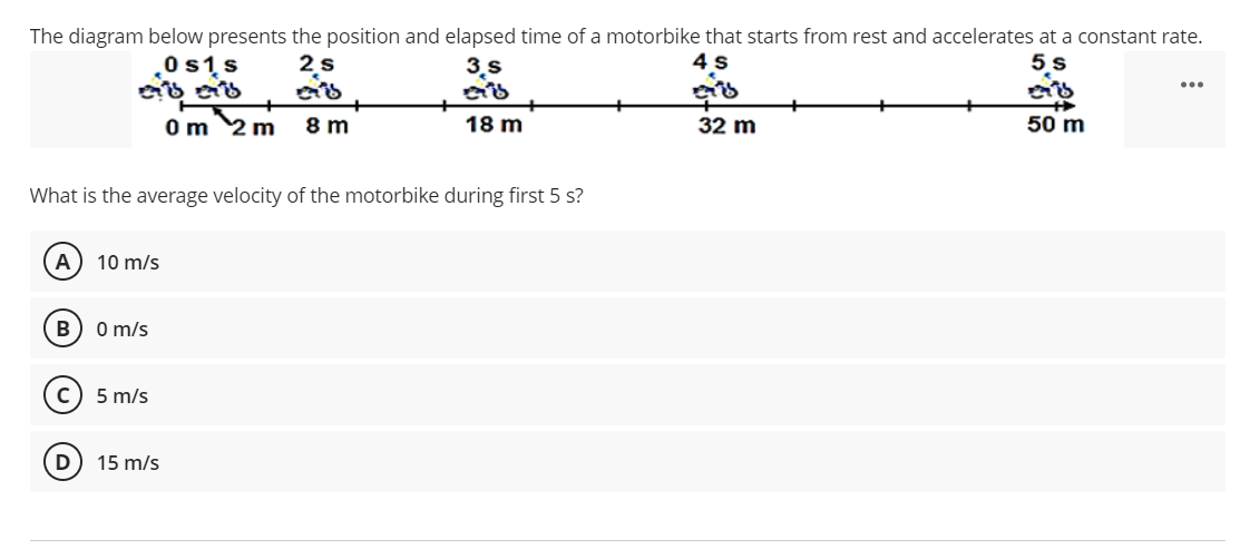 The diagram below presents the position and elapsed time of a motorbike that starts from rest and accelerates at a constant rate.
0 s1s
2s
3.s
4 s
5 s
...
0m 2 m
8 m
18 m
32 m
50 m
What is the average velocity of the motorbike during first 5 s?
A
10 m/s
B
O m/s
5 m/s
D) 15 m/s
