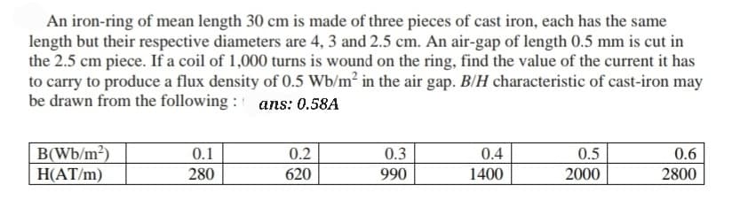 An iron-ring of mean length 30 cm is made of three pieces of cast iron, each has the same
length but their respective diameters are 4, 3 and 2.5 cm. An air-gap of length 0.5 mm is cut in
the 2.5 cm piece. If a coil of 1,000 turns is wound on the ring, find the value of the current it has
to carry to produce a flux density of 0.5 Wb/m2 in the air gap. B/H characteristic of cast-iron may
be drawn from the following : ans: 0.58A
B(Wb/m²)
ΗΑT/m)
0.1
0.2
0.3
0.4
0.5
0.6
280
620
990
1400
2000
2800

